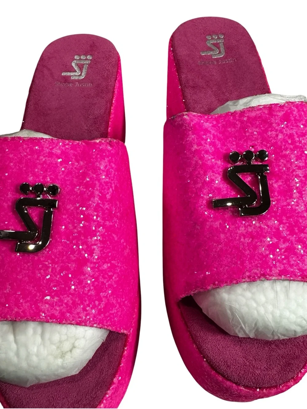 Shane Justin Neon Pink Glitter Platform Statement Summer Sandals Slides Size 42